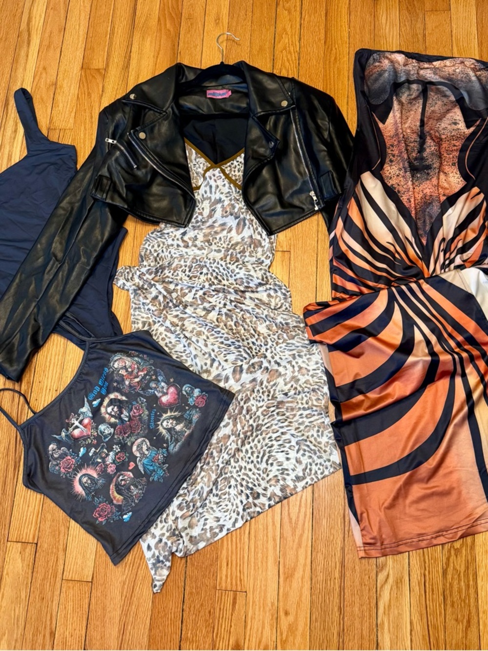 leopard slip dress + leather moto jacket (bundle/set)